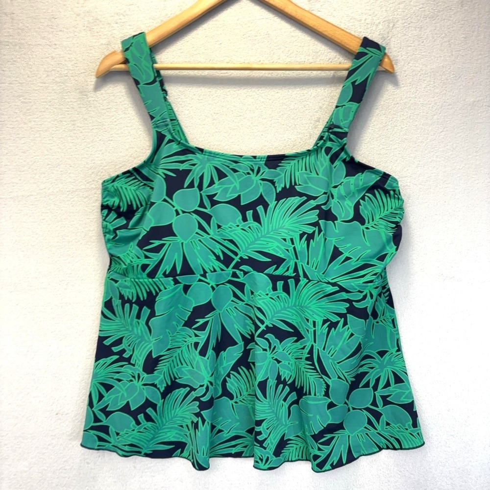 Lands' End Tankini Swimsuit Top Womens XL Green Floral Unpadded Wirefree‎ Bra